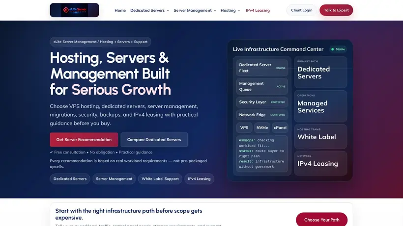 Elite Server Management homepage screenshot